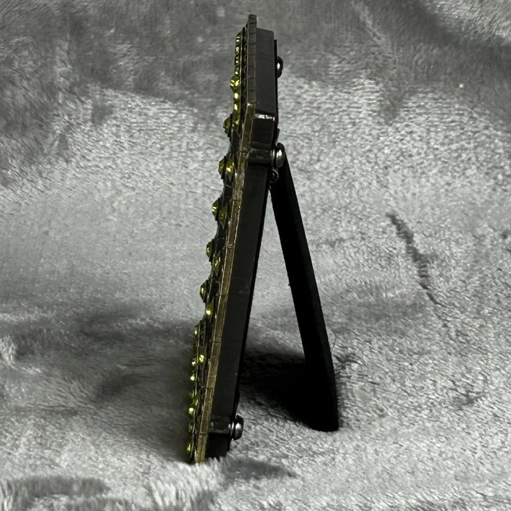 VTG Brass Jeweled Metal Square Frame Green Peridot Colored Rhinestones Boho‎